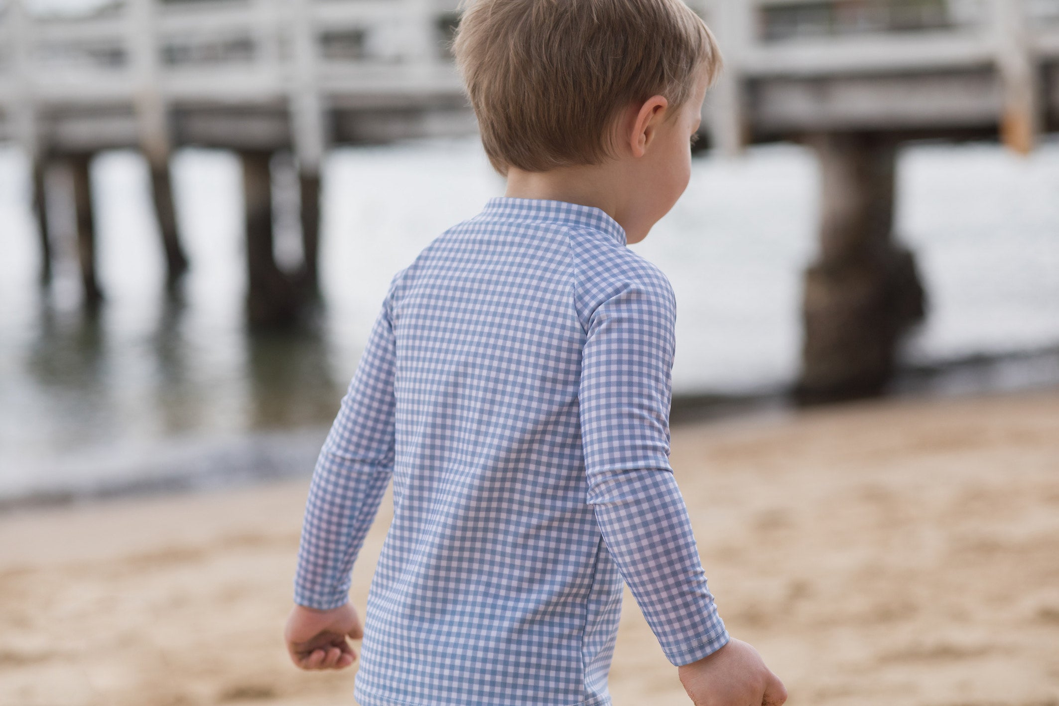 bells blue gingham long sleeve rashguard