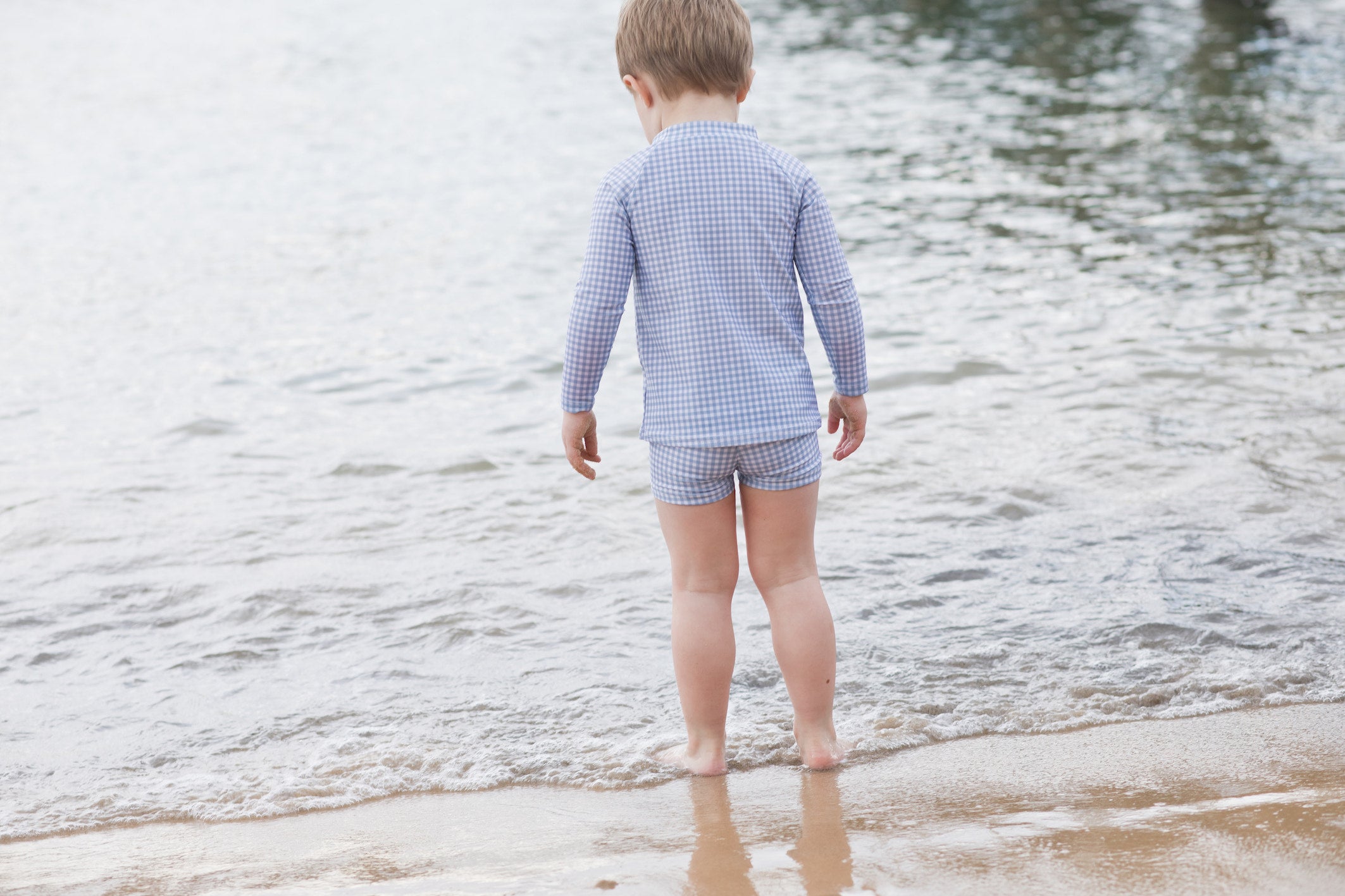bells blue gingham long sleeve rashguard
