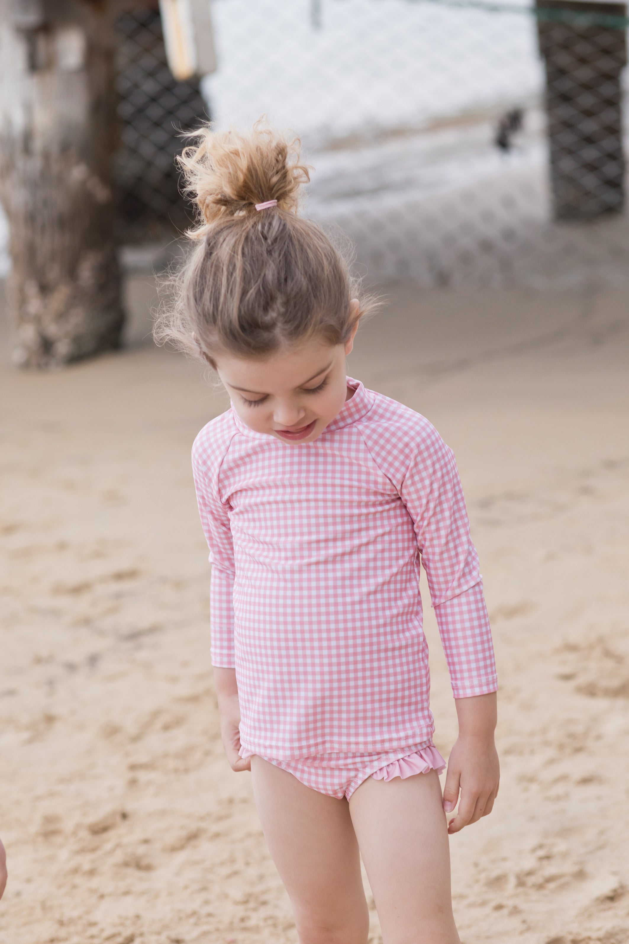 pambula pink gingham long sleeve rashguard