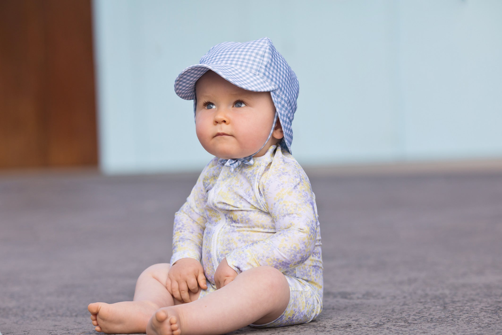 bells blue gingham swim flap hat (sizes 3-6 mths & 2-3 yrs available)
