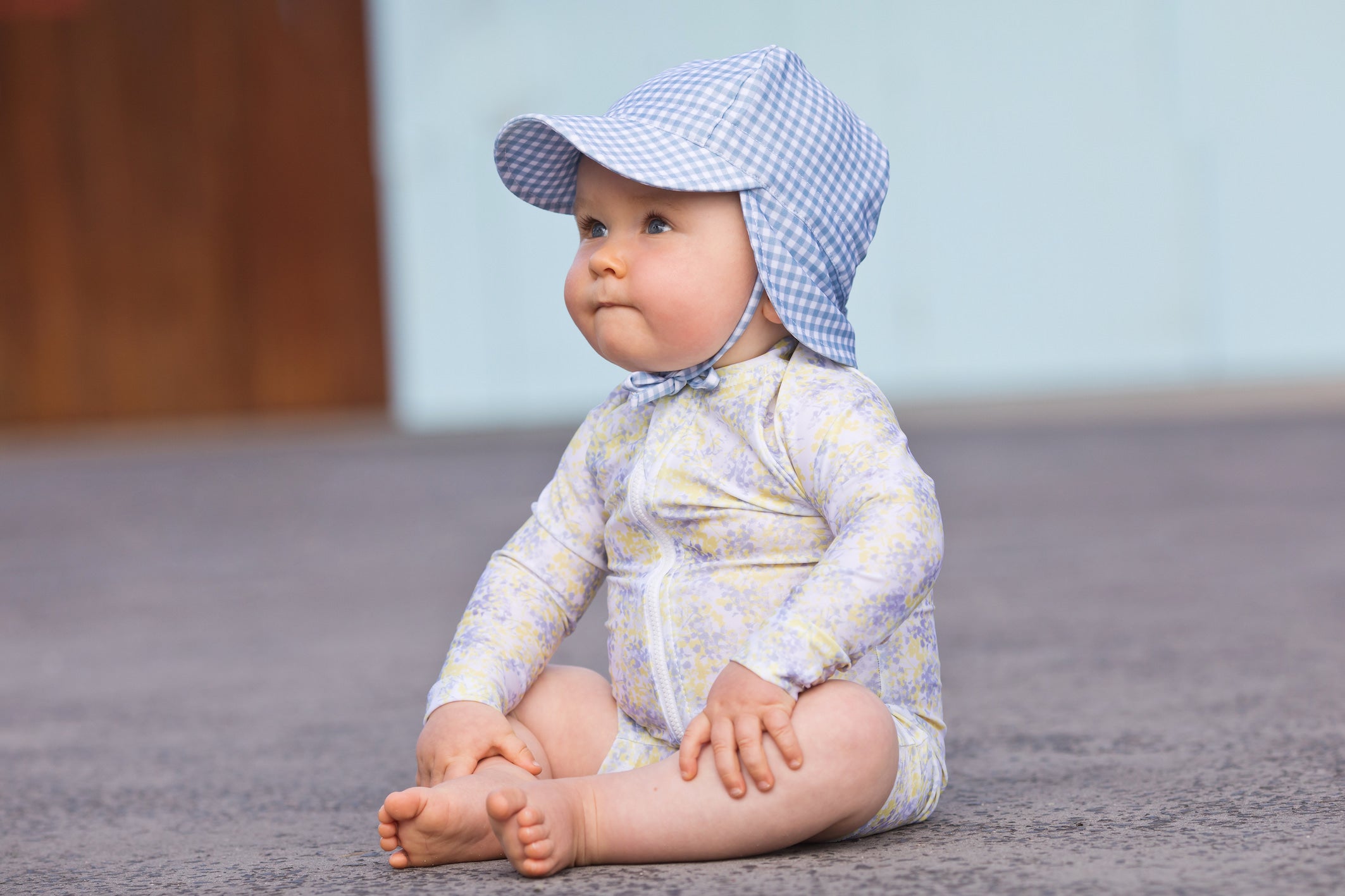 bells blue gingham swim flap hat (sizes 3-6 mths & 2-3 yrs available)
