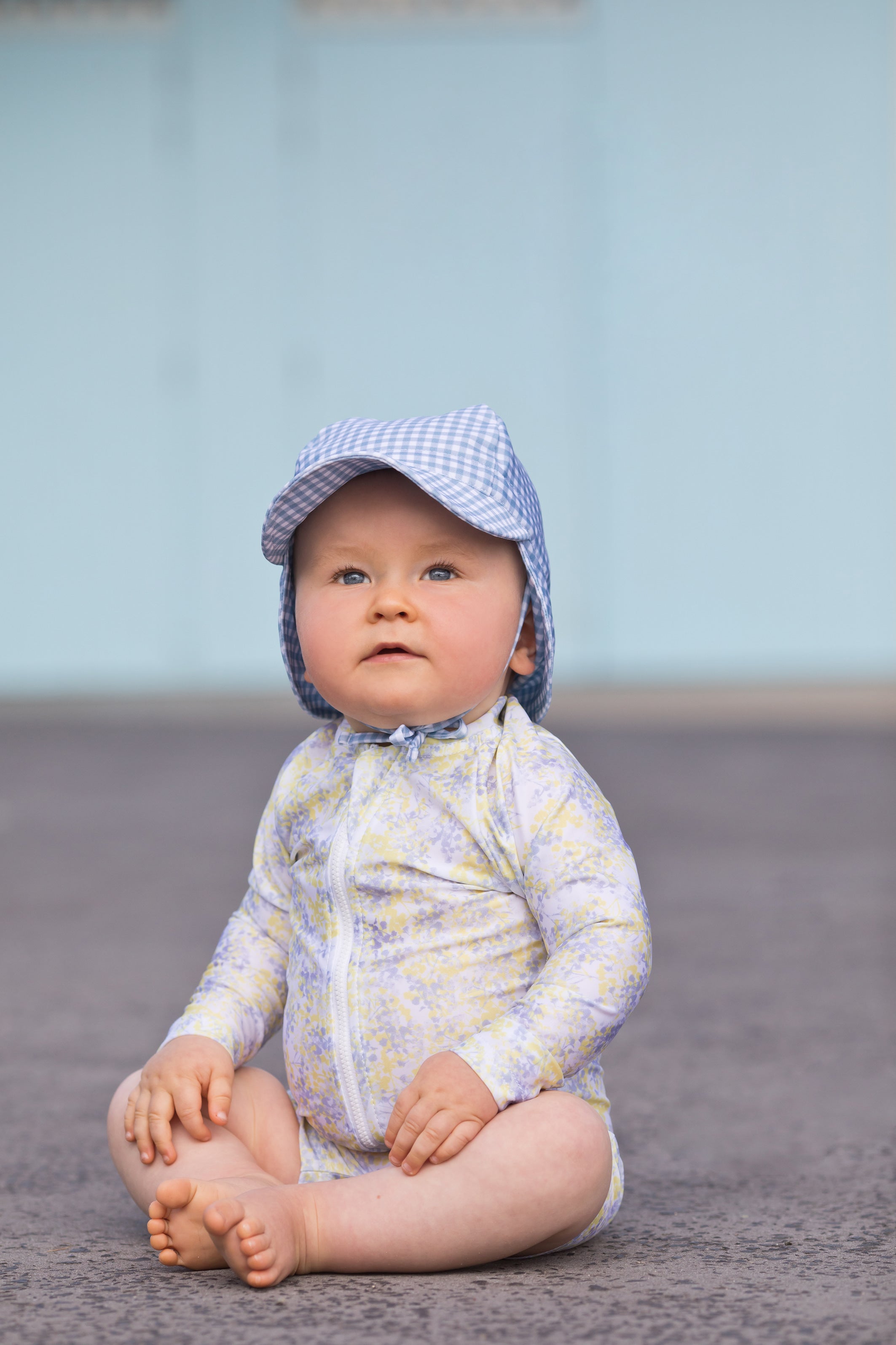 bells blue gingham swim flap hat (sizes 3-6 mths & 2-3 yrs available)