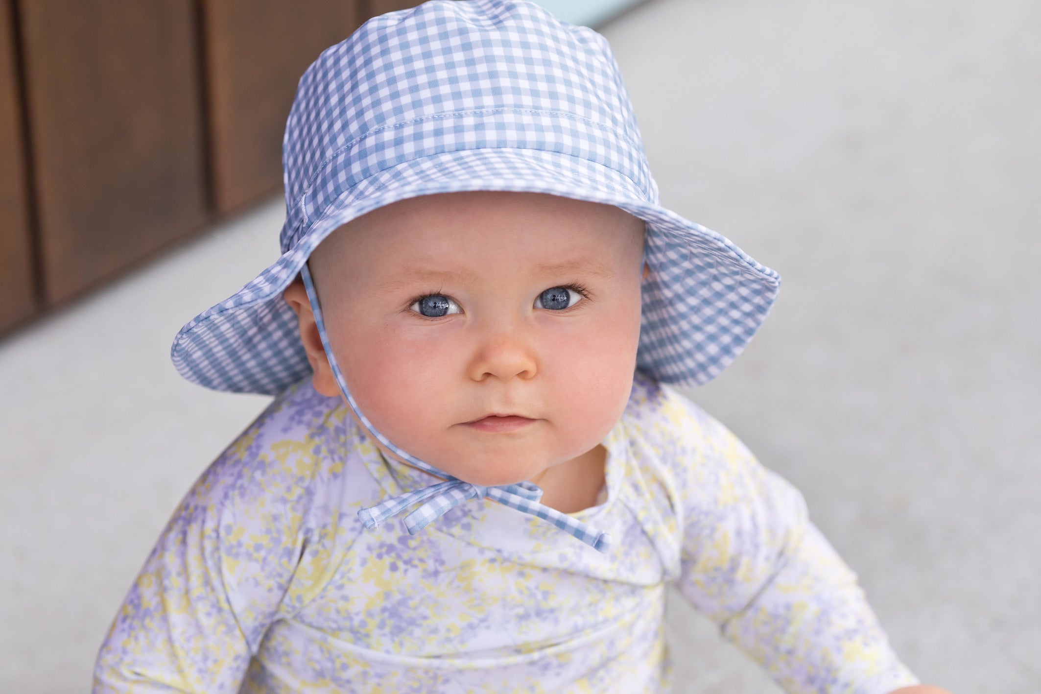 bells blue gingham swim bucket hat