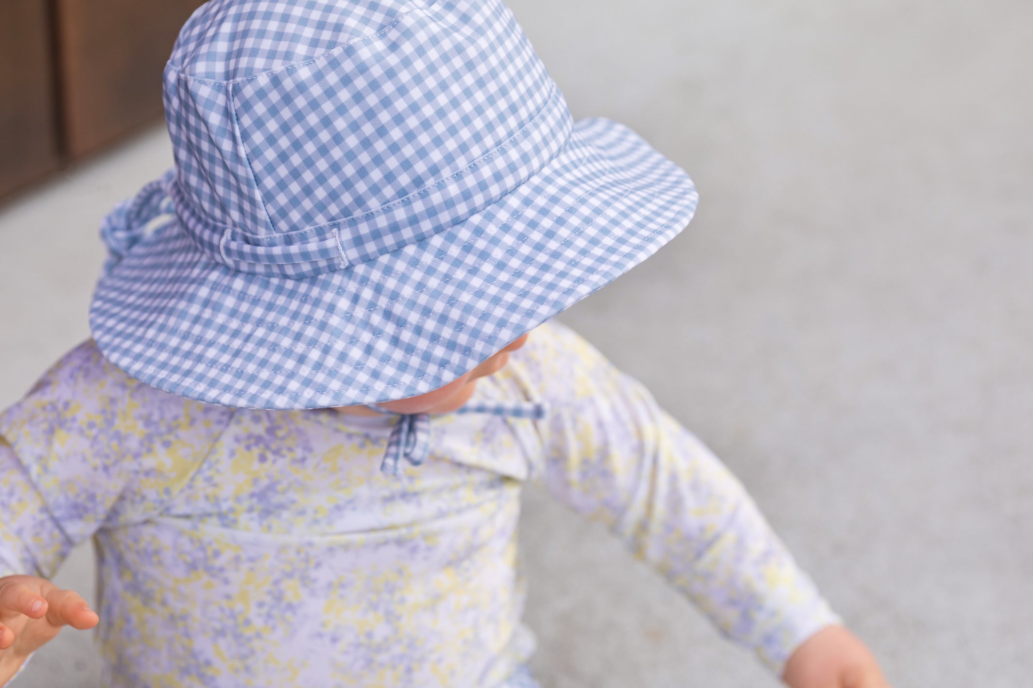 bells blue gingham swim bucket hat
