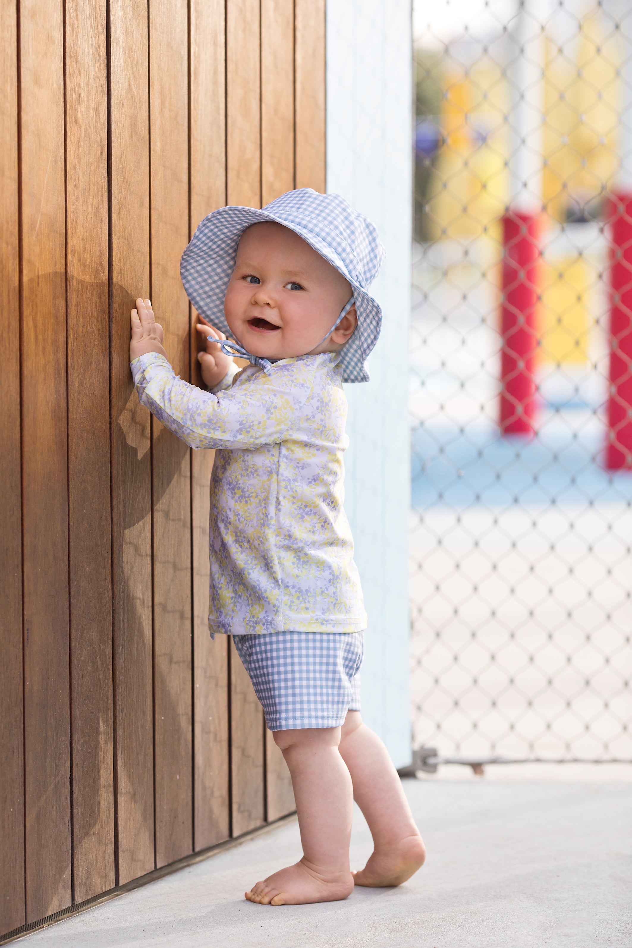 bells blue gingham swim bucket hat