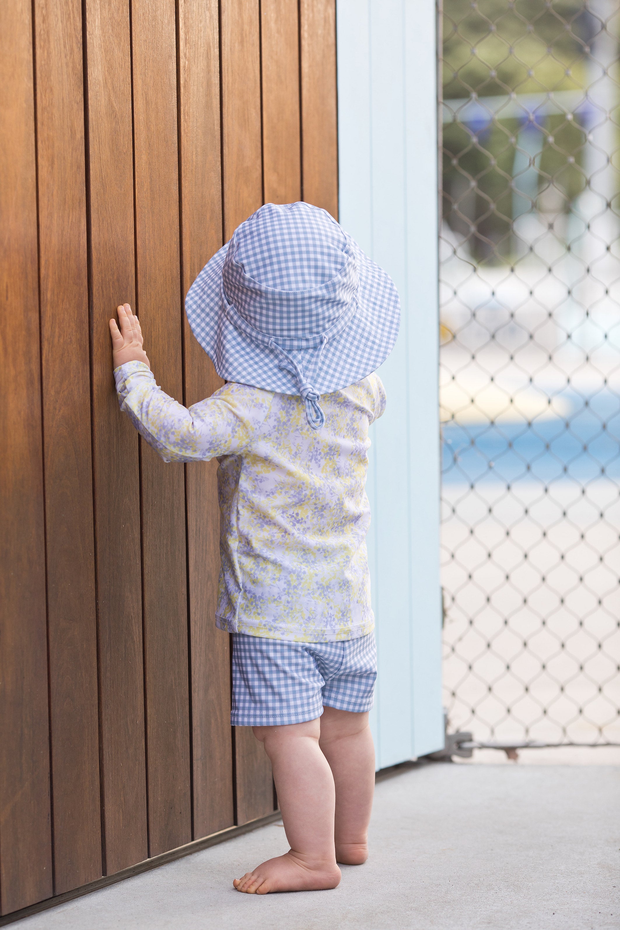 bells blue gingham swim bucket hat