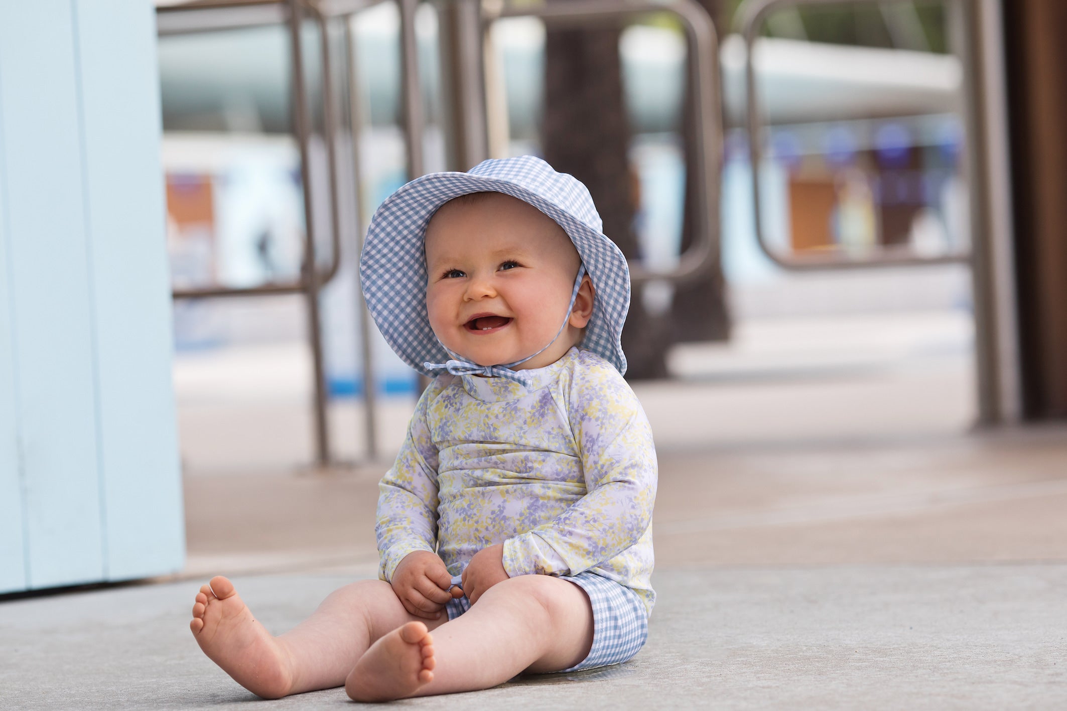 bells blue gingham swim bucket hat