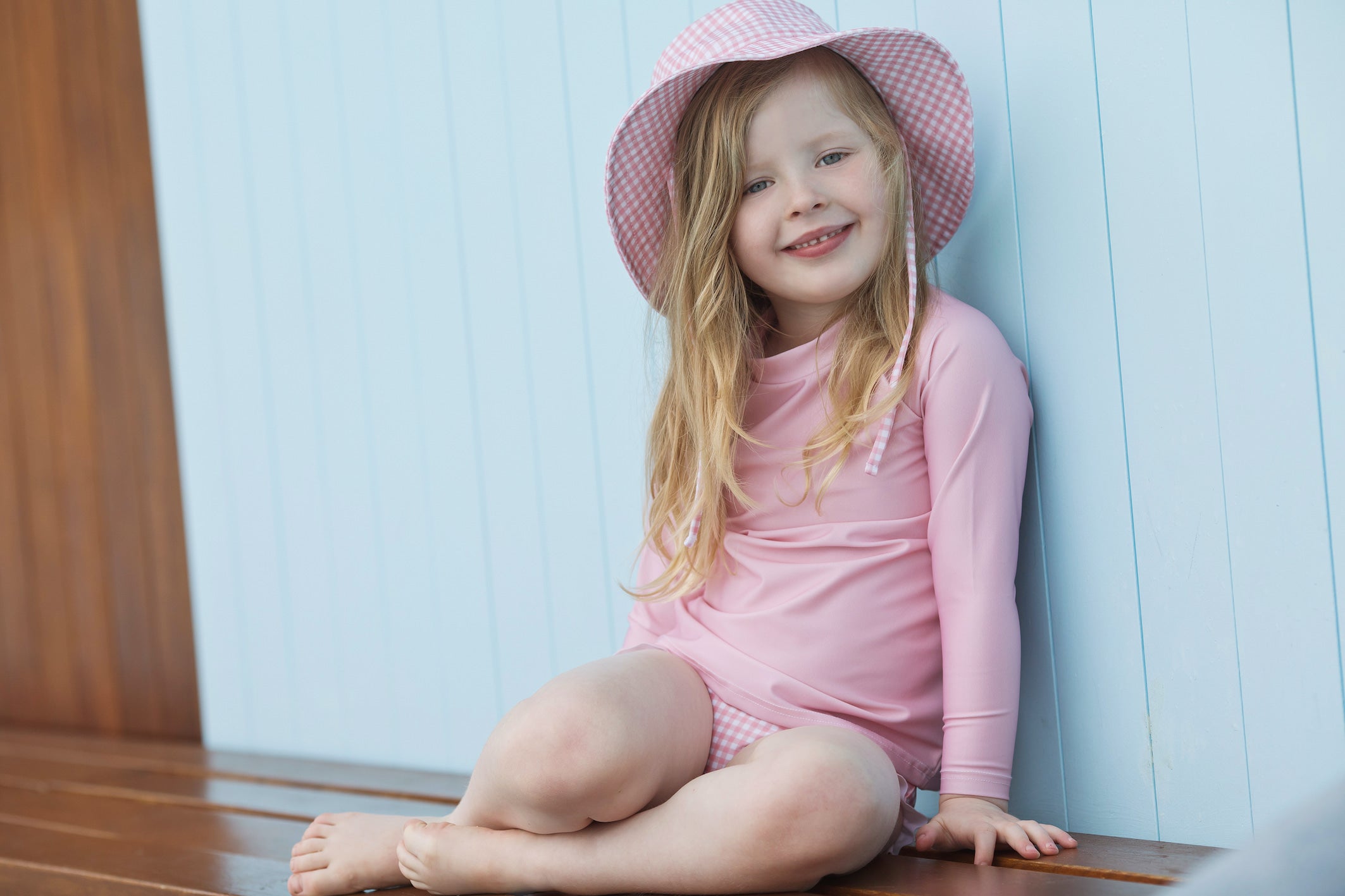 pambula pink gingham swim bucket hat (size 3-6 yrs sold out)