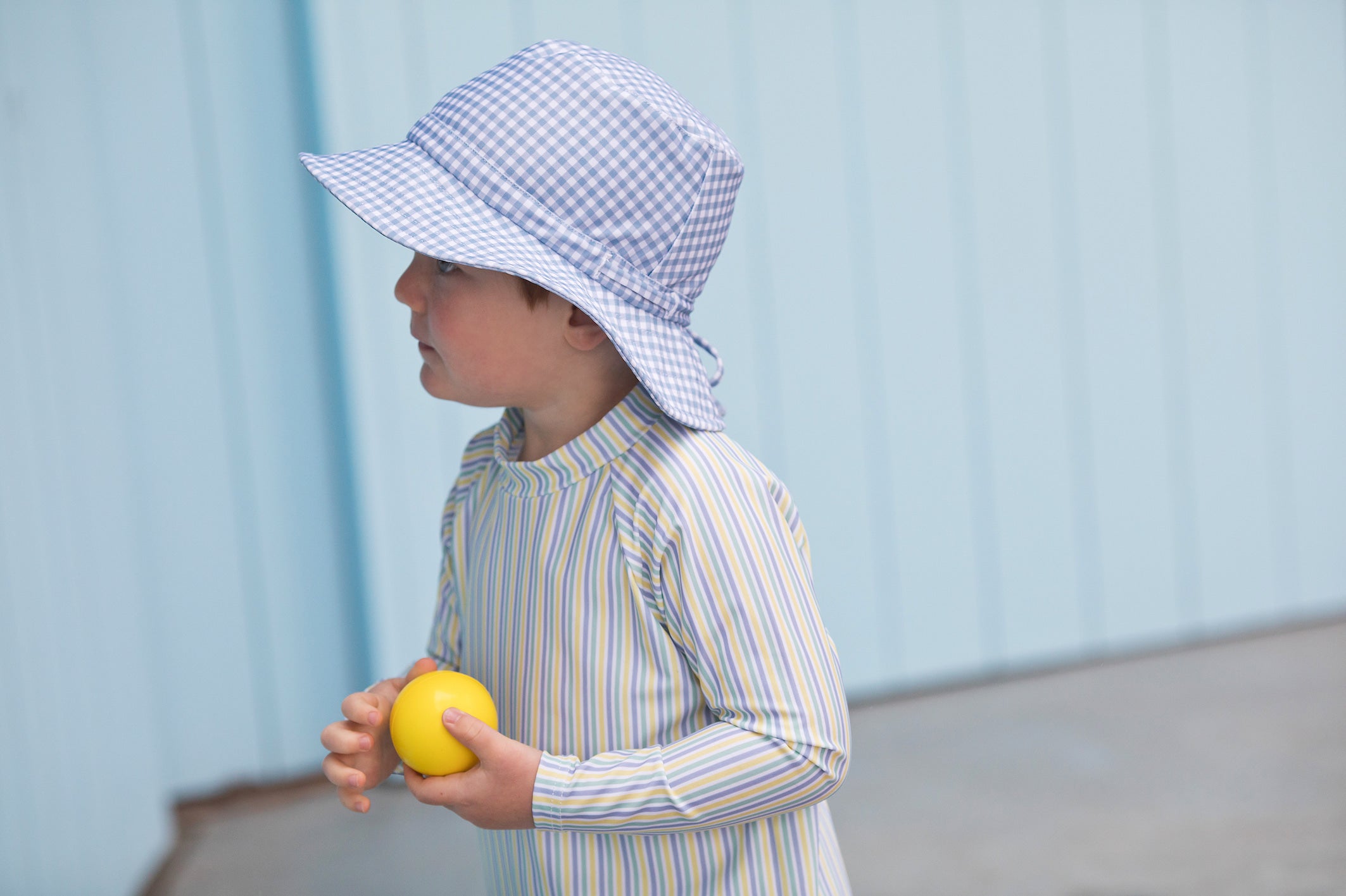 bells blue gingham swim bucket hat