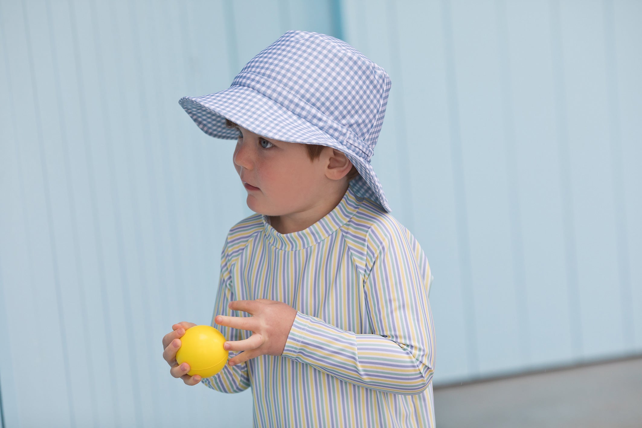 bells blue gingham swim bucket hat
