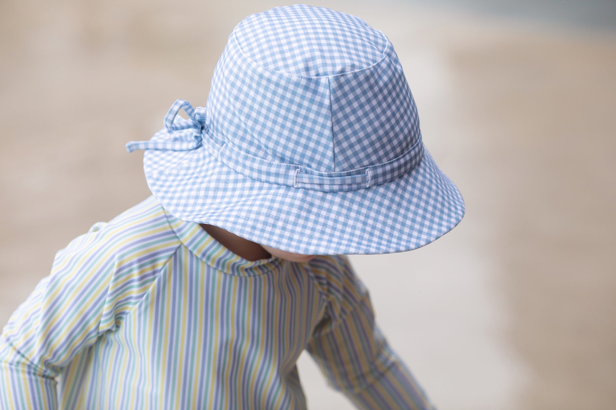bells blue gingham swim bucket hat