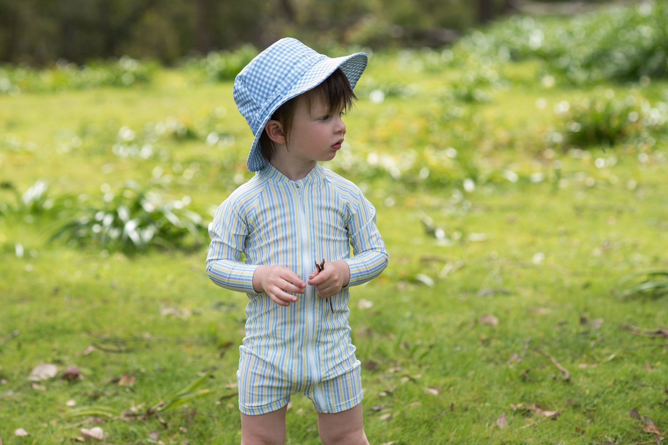 bells blue gingham swim bucket hat
