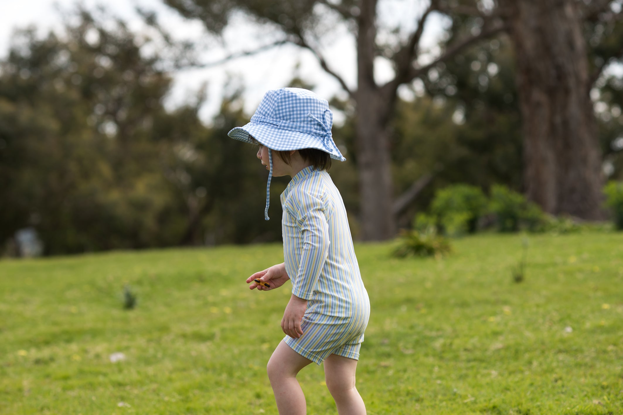 bells blue gingham swim bucket hat