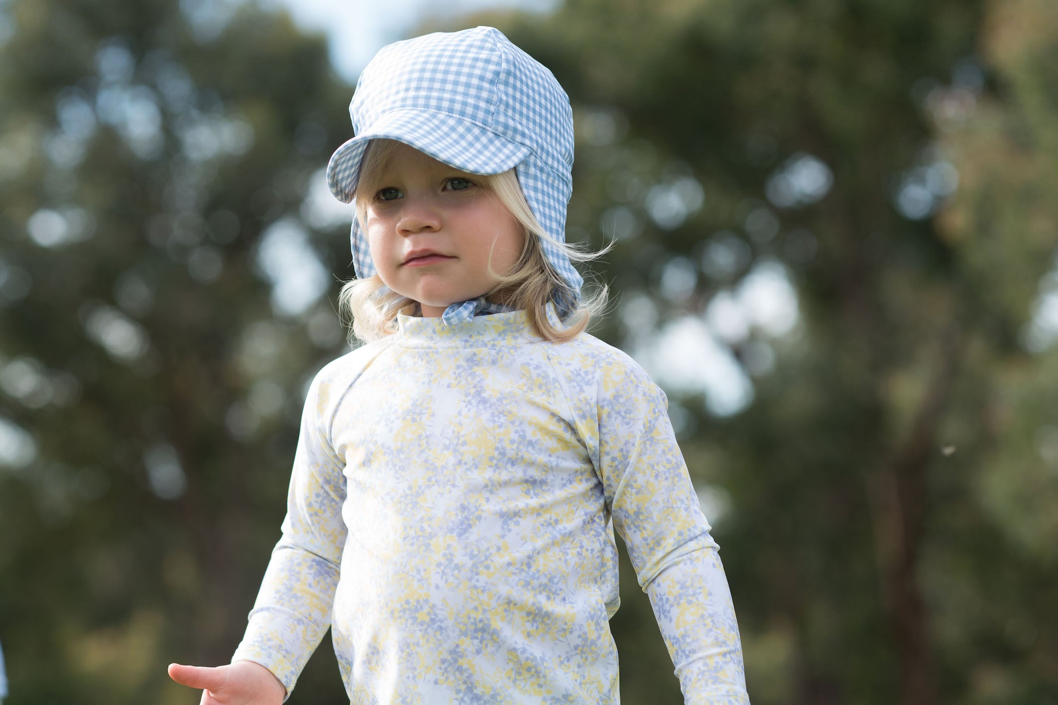 bells blue gingham swim flap hat (sizes 3-6 mths & 2-3 yrs available)