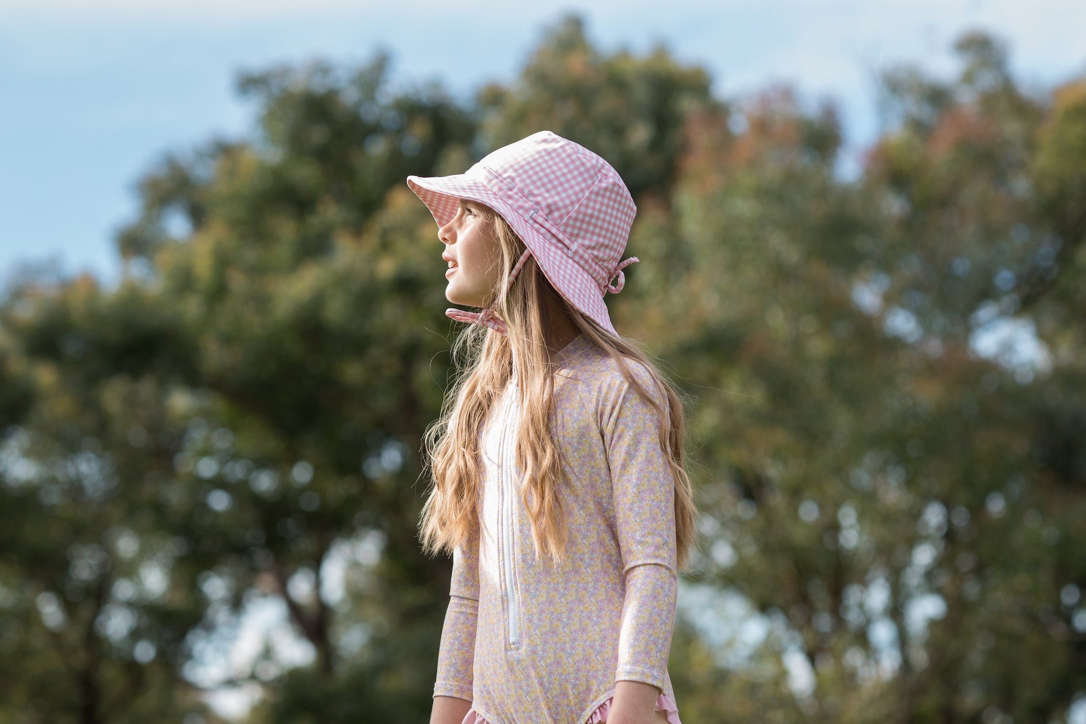 pambula pink gingham swim bucket hat (size 3-6 yrs sold out)