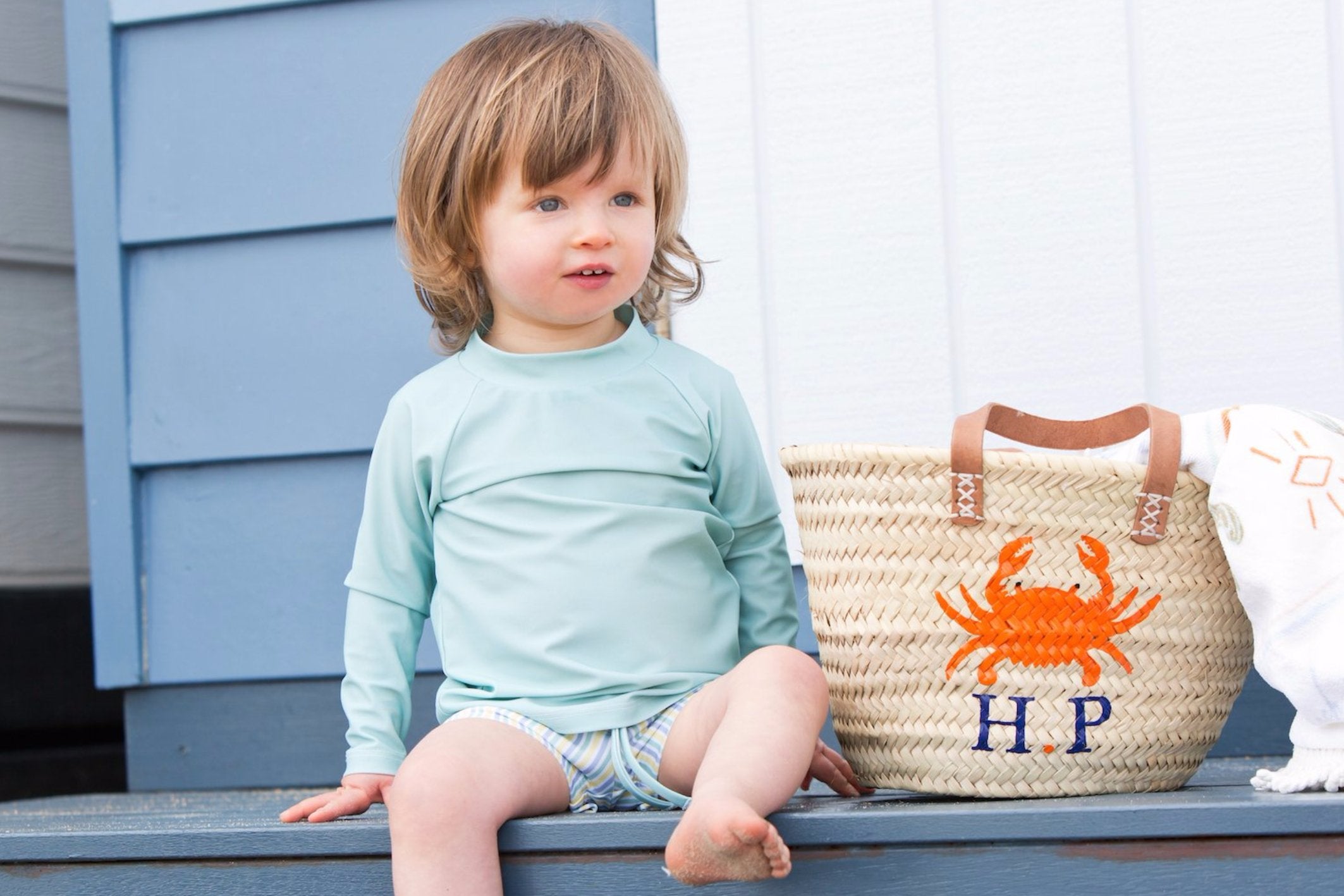 harry & pop budgie brief in bondi blue stripe | UPF 50+ swimwear for kids, toddlers, baby